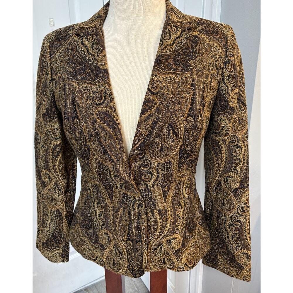 Vintage Focus 2000 6 Petite Boho Tapestry Blazer Brown And Gold Paisley Brocade
